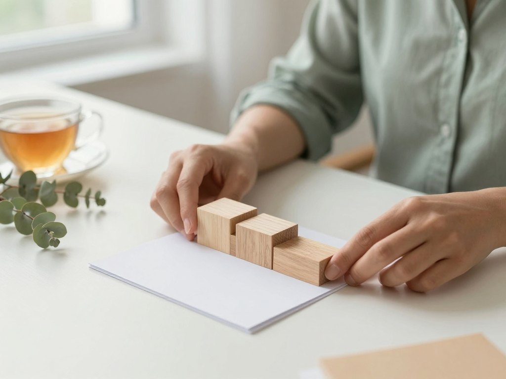 Hands arranging blank cards and wooden blocks in a sequence on a pale desk