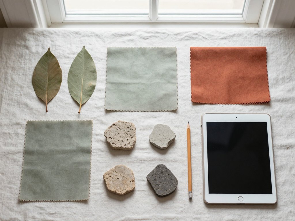 Orderly arrangement of leaves, stone samples and fabric swatches on a linen desk