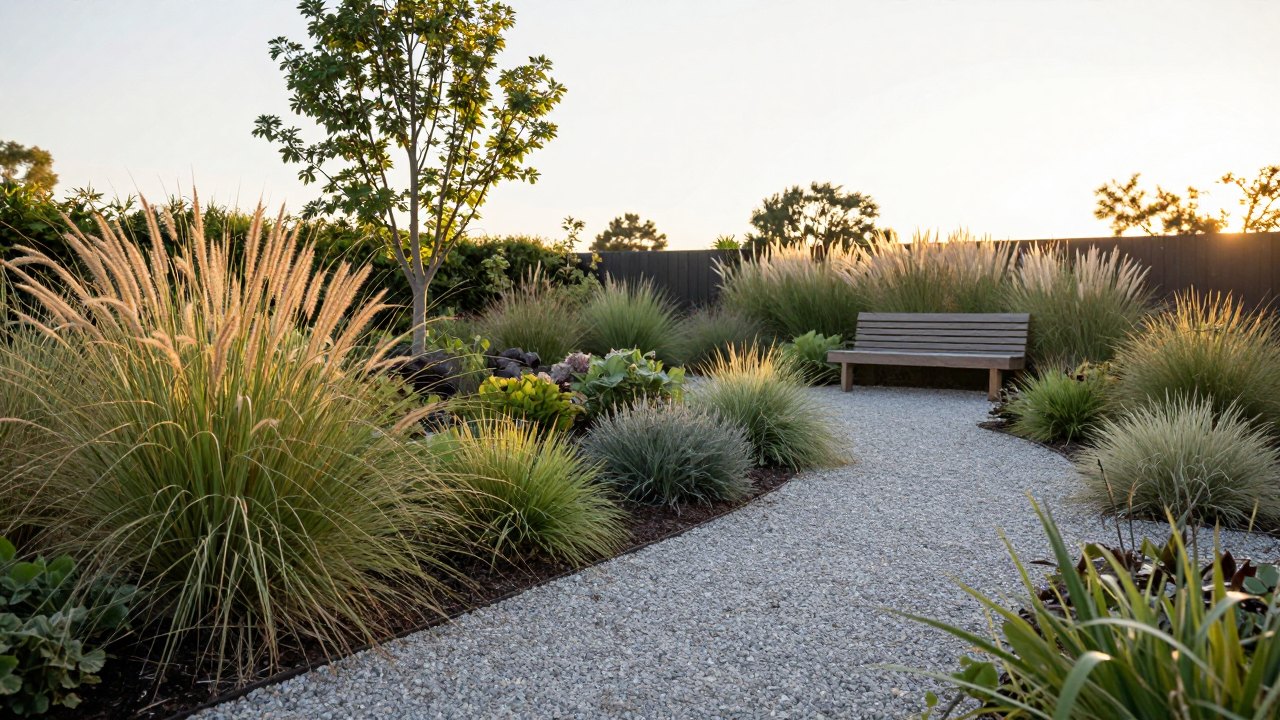 Modern garden with gravel path, ornamental grasses and a timber bench at golden hour