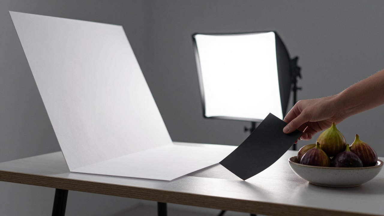 Hand adjusting a black card beside a bowl of figs in a small photo studio