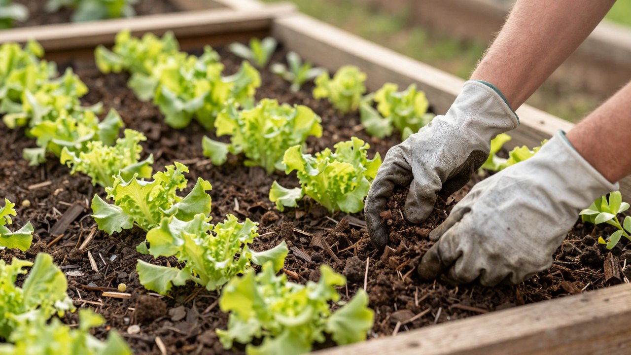 Hands in gloves spreading dark compost around young seedlings in a raised garden bed