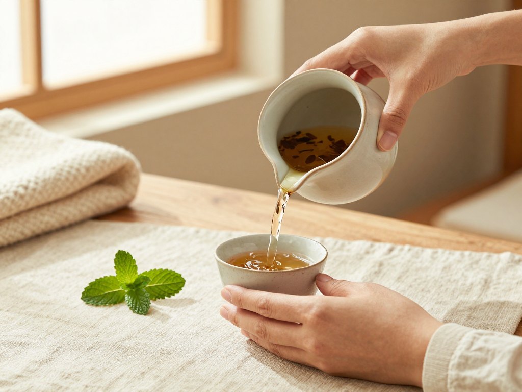Hands pouring herbal tea into a ceramic cup on a linen-covered table