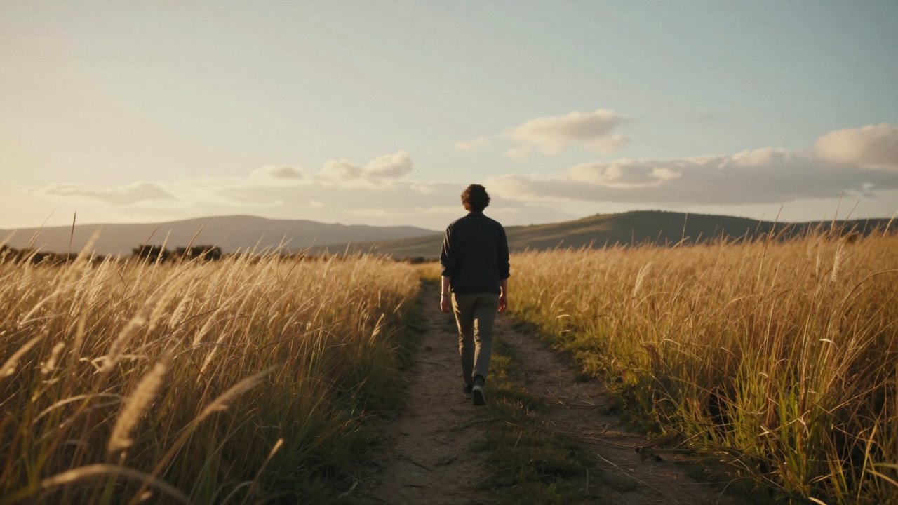Person seen from behind walking along a path through a meadow at golden hour