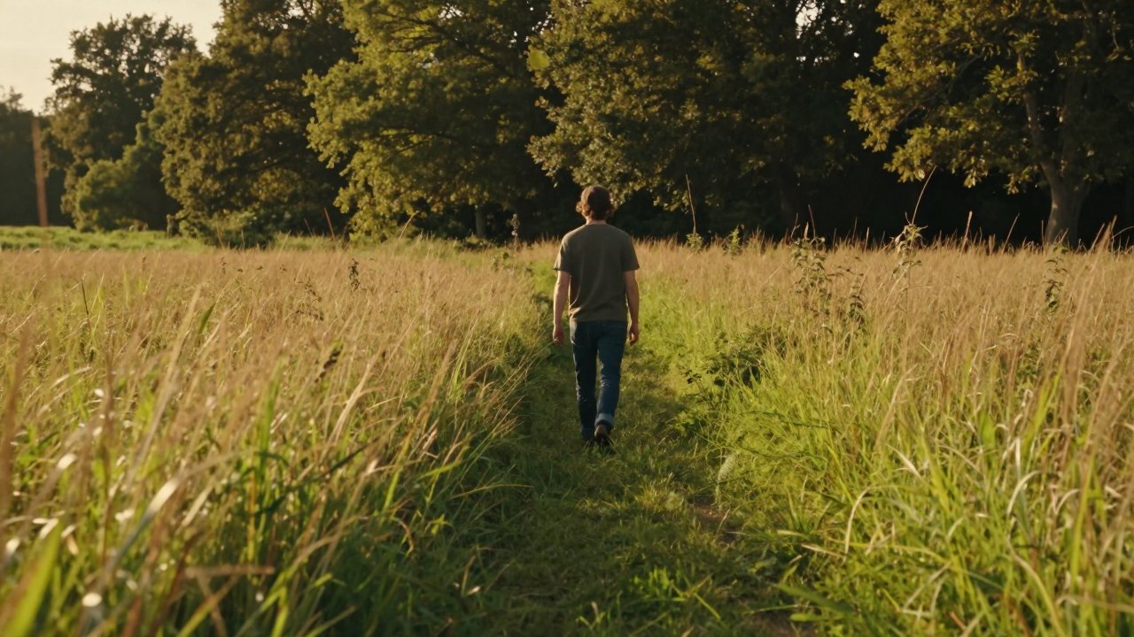 Person seen from behind walking along a footpath through a sunlit meadow toward trees