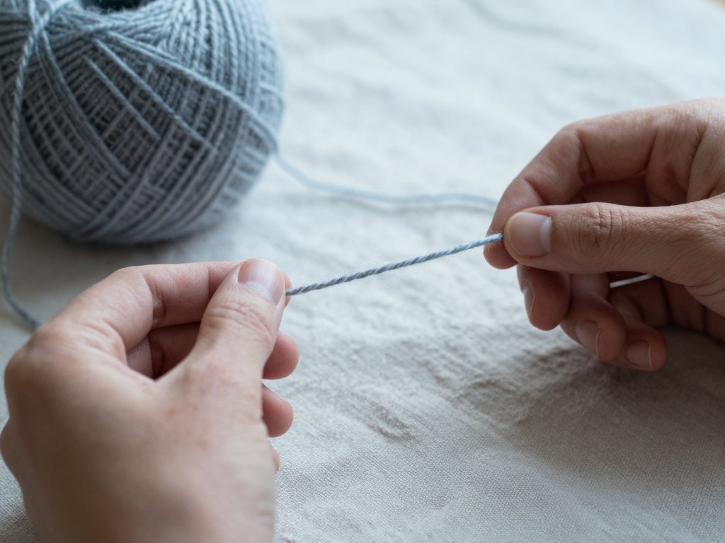 Hands gently untangling a knot in grey-blue wool yarn on linen cloth