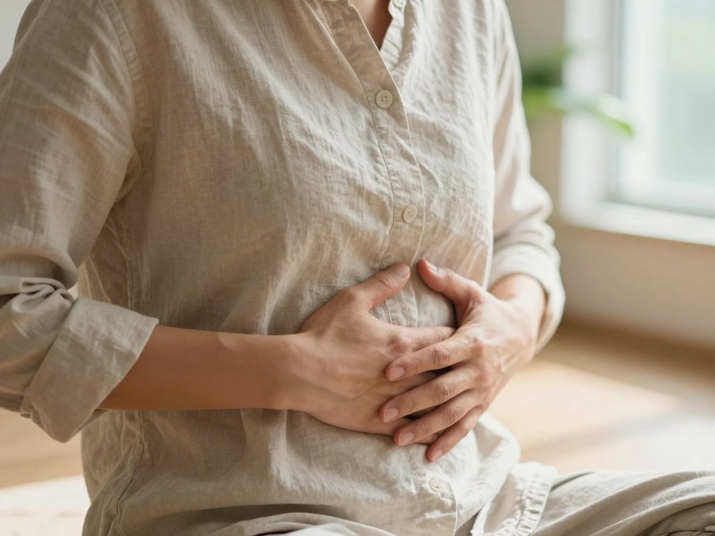 Hands placed on the ribcage of a person practising deep breathing by a window