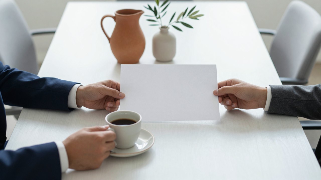 Two pairs of hands passing a blank sheet across a table with coffee cups