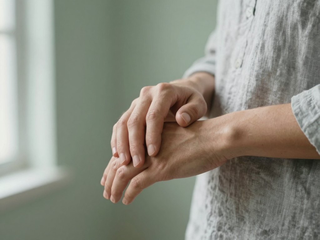 Hands resting one over the other near the lower abdomen in a linen shirt