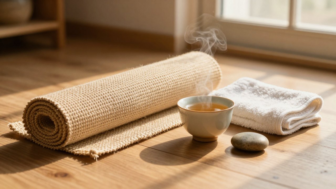 Rolled mat, folded towel, cup of tea and smooth stone on a wooden floor