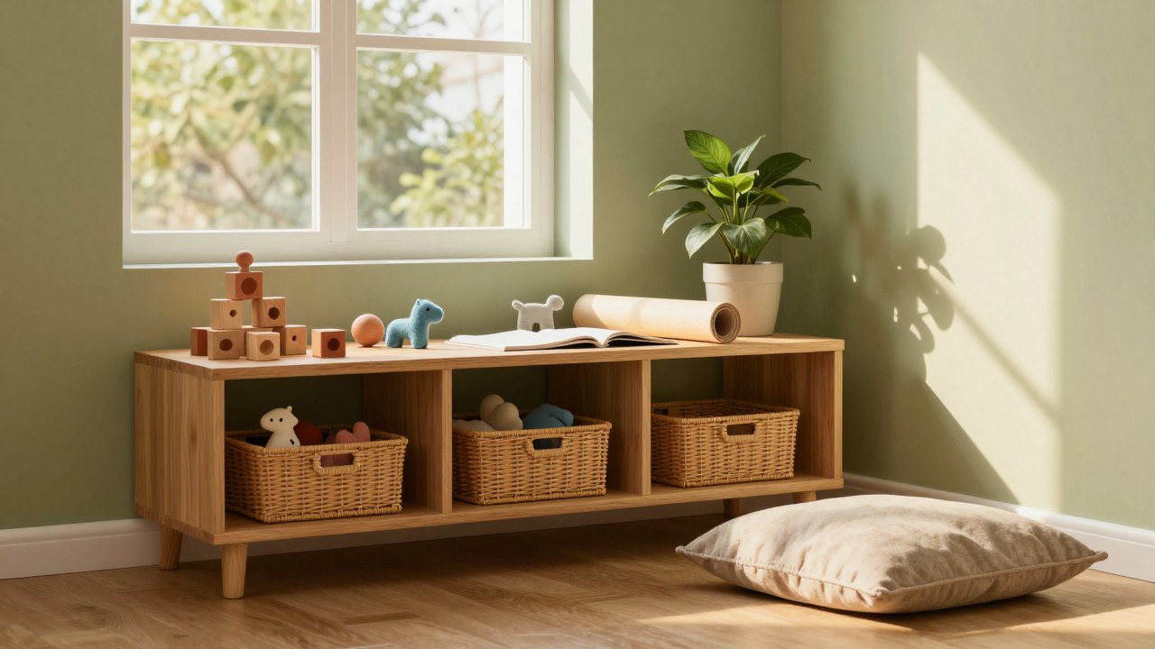 Cosy home learning corner with baskets of wooden blocks, felt animals and a floor cushion