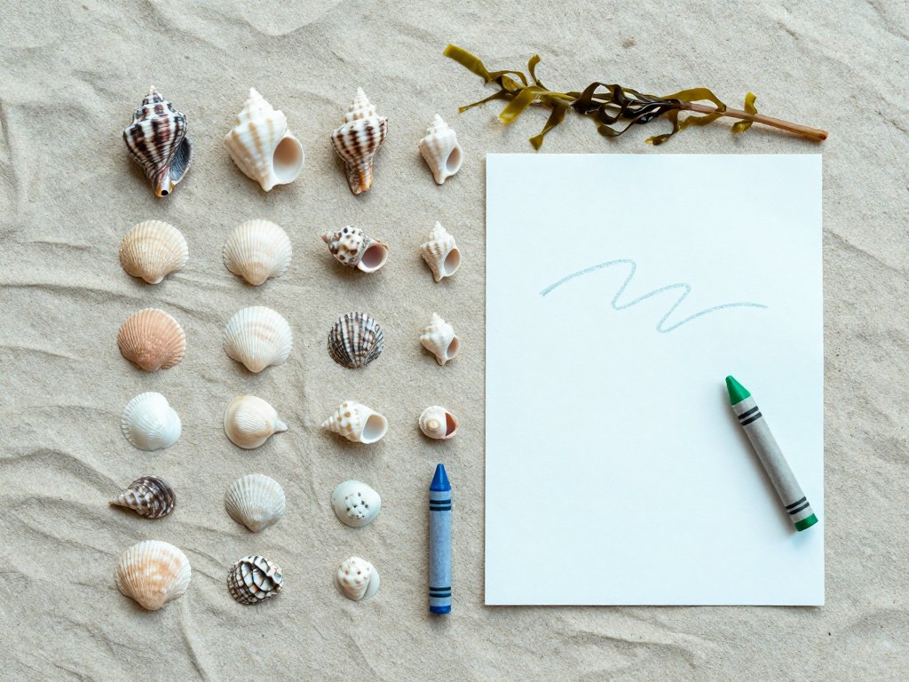 Seashells sorted by size beside crayons and a simple wave drawing on linen