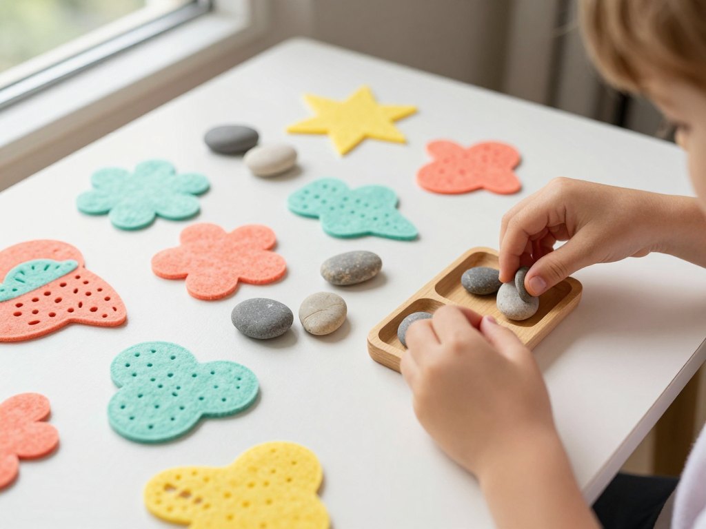 Child's hands sorting felt shapes and pebbles into wooden trays on a craft table