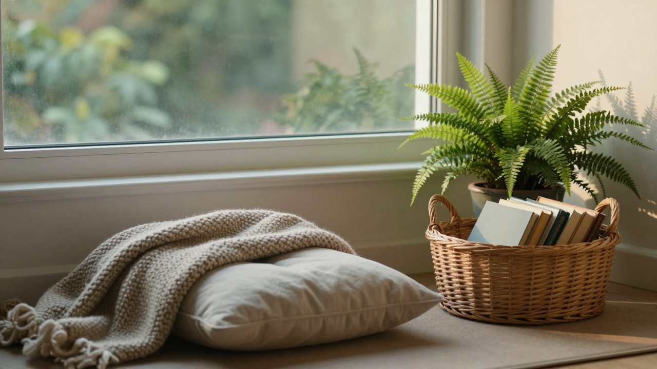 Quiet reading corner with cushion, blanket and basket beside a sunlit window