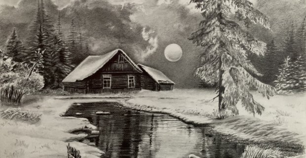 Pencil drawing of a snowy landscape with a log cabin, pond, fir trees and a full moon