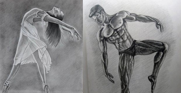 Two pencil drawings of dancers, a woman in a flowing dress and a muscular man on pointe
