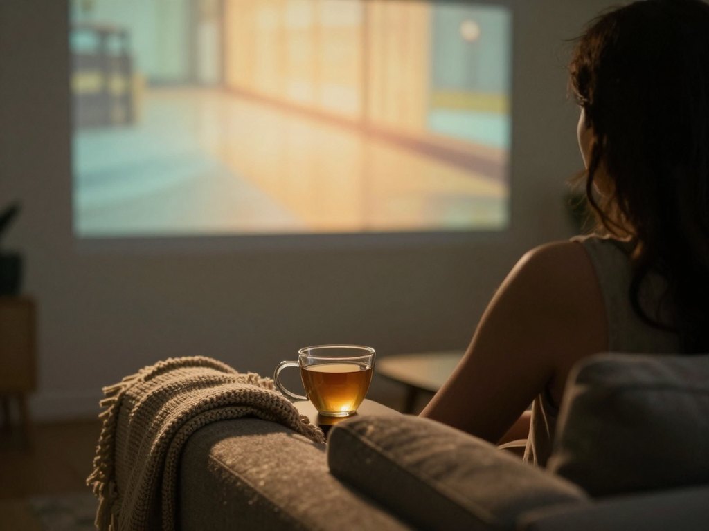 Person seen from behind on a sofa in a dim room, watching a film from a distance