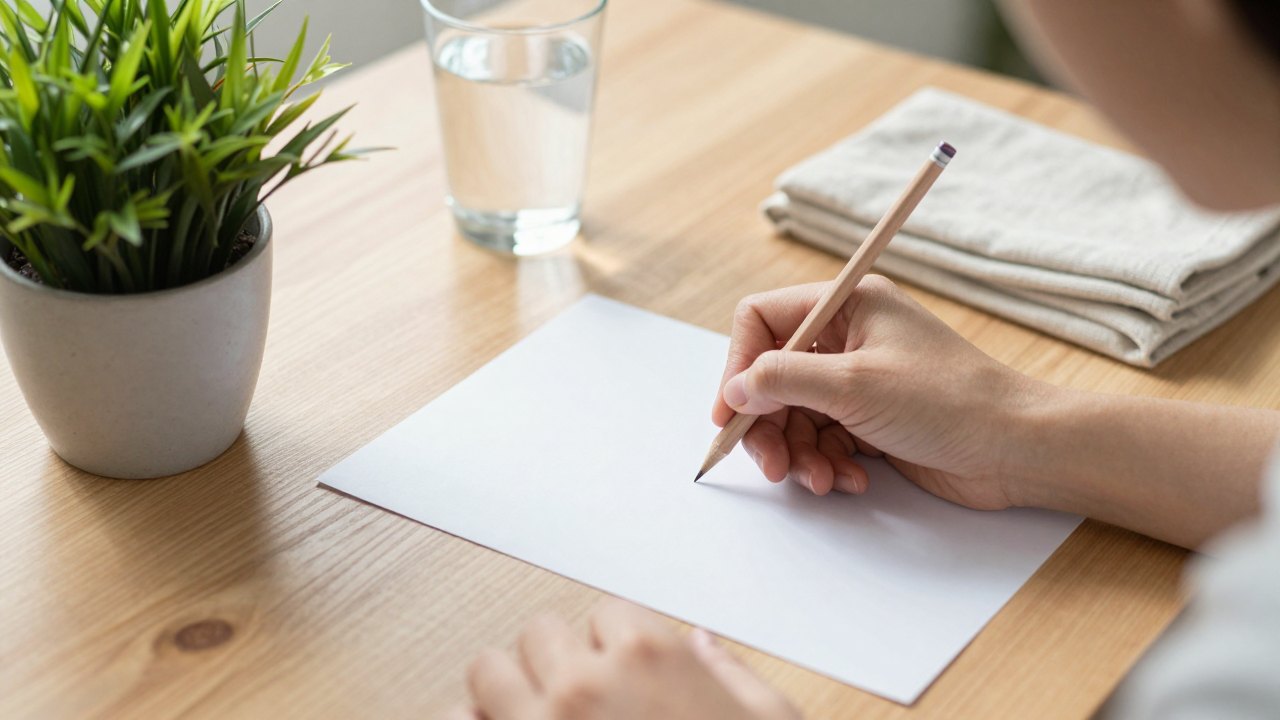 Hands holding a pencil over blank paper on a wooden desk beside a small plant