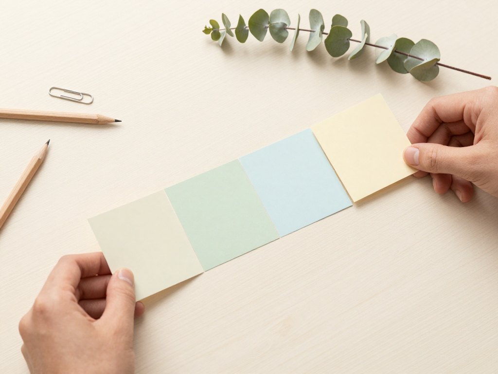 Hands arranging blank cards in a row on a wooden table