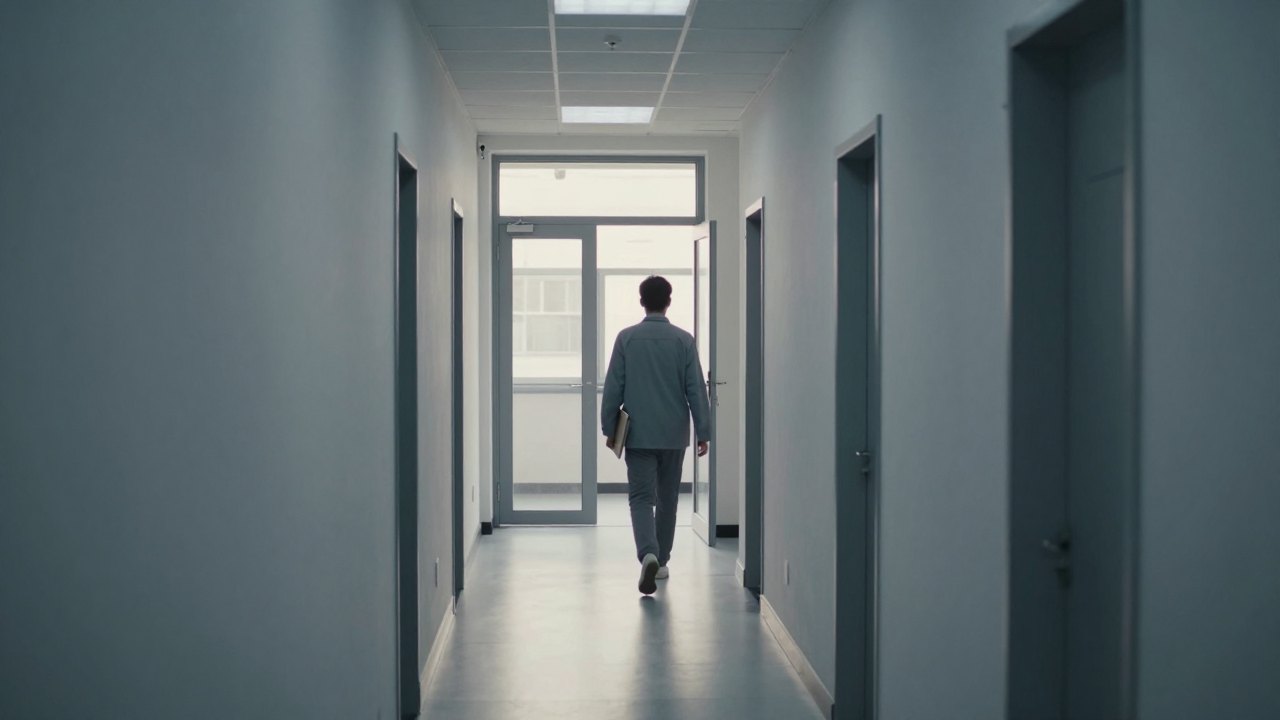 Person seen from behind walking down a bright laboratory corridor toward a glass door