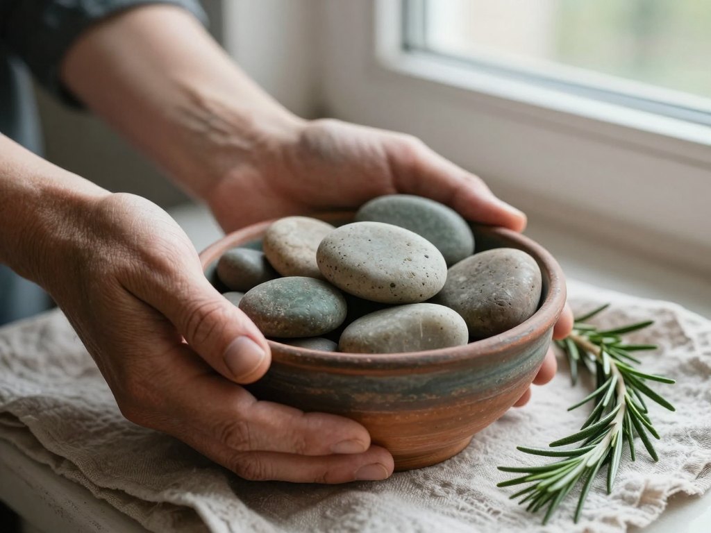 Hands holding a clay bowl of smooth river stones beside a rosemary sprig