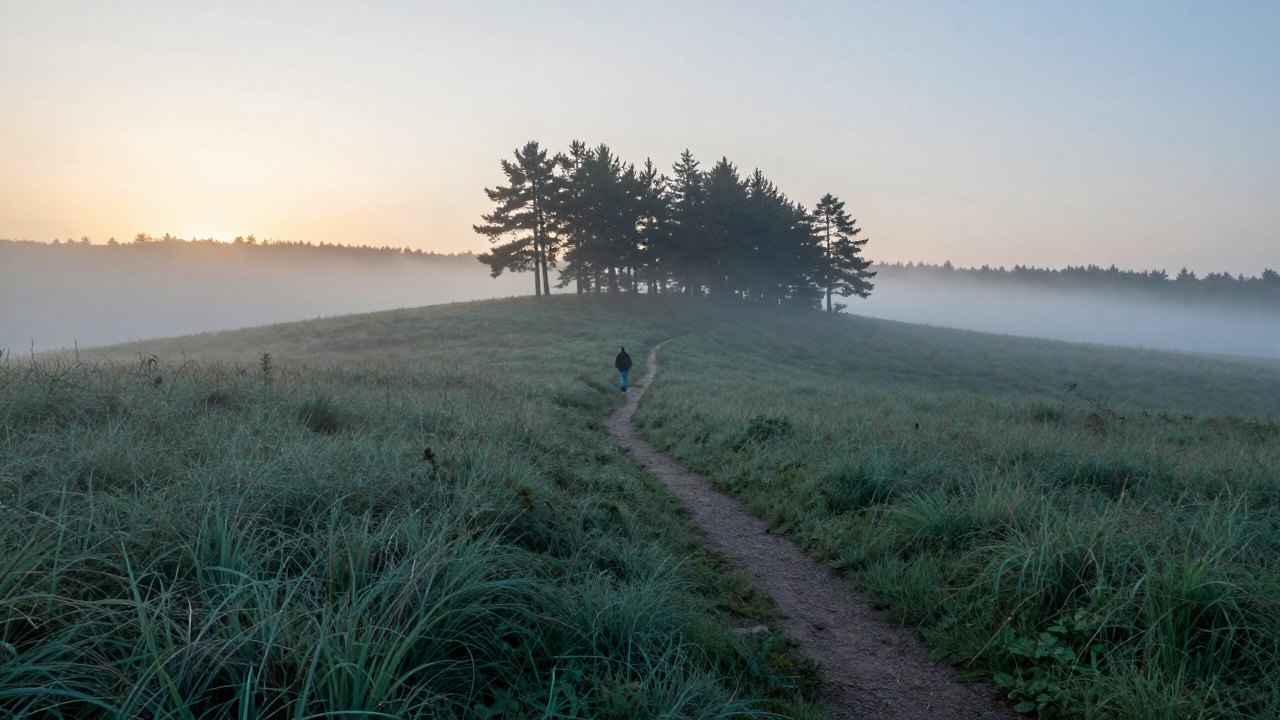 Person seen from behind walking a footpath across a misty meadow at sunrise
