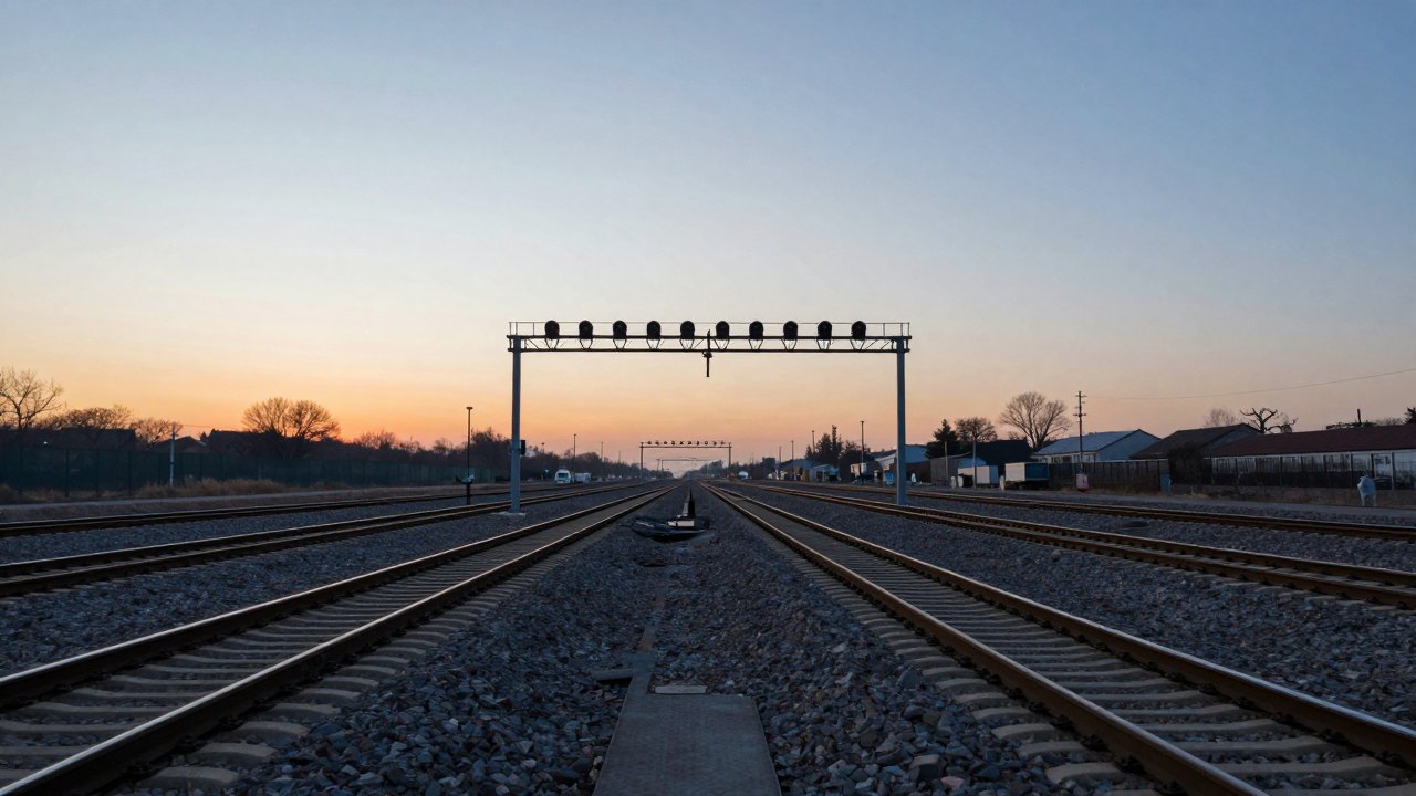 Railway tracks branching and joining across a quiet rail yard at sunrise