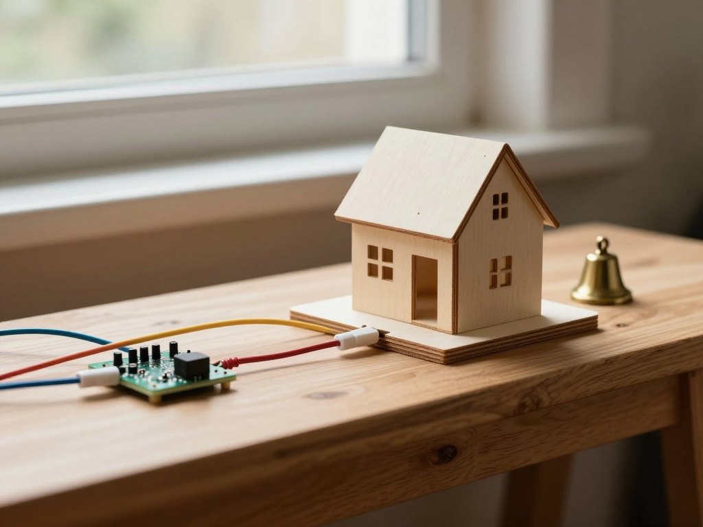 Small plywood model house connected by colourful cables to a circuit board on a wooden workbench