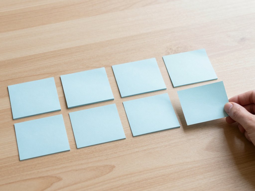 Hand arranging blank paper cards in a row on a wooden table