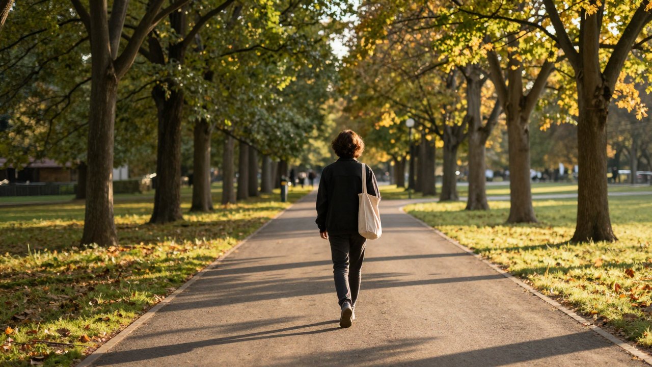 Person seen from behind walking along a tree-lined park path in evening light