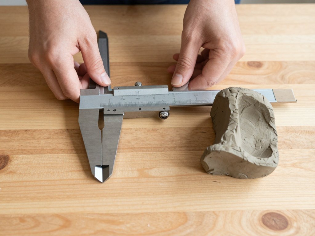 Hands examining a metal bracket beside calipers and a clay model on a wooden table