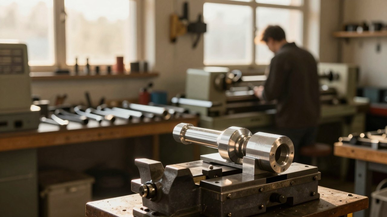 Newly milled aluminium part in a vise inside a quiet workshop with a distant figure