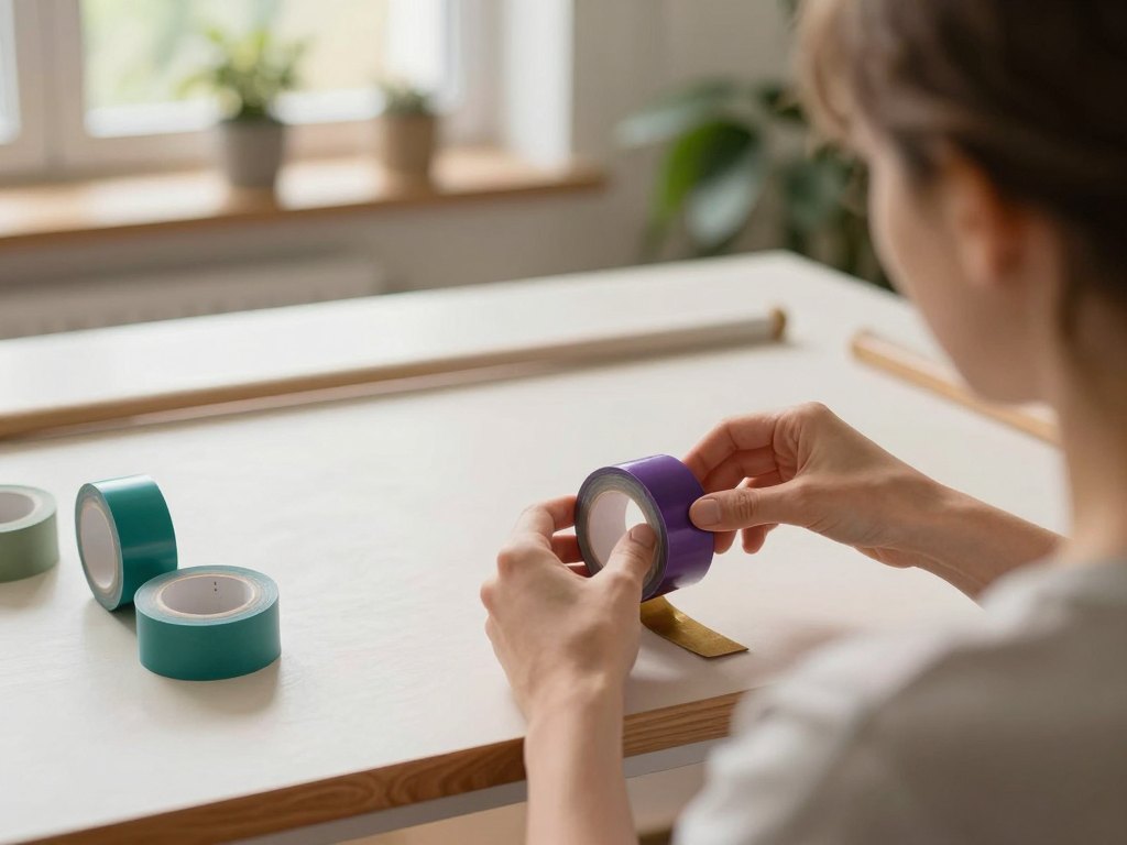 Person seen from behind sorting coloured tape rolls beside a gymnastics club at a craft table