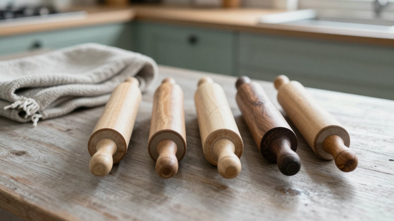 Row of wooden rolling pins in different sizes on a rustic table with a wool blanket