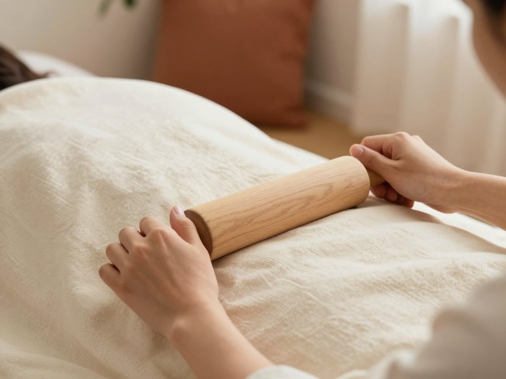 Hands rolling a wooden pin over a blanket-covered back in a cozy room