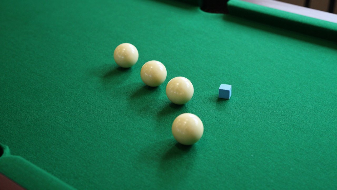 Three ivory billiard balls lined up near a corner pocket beside a chalk cube