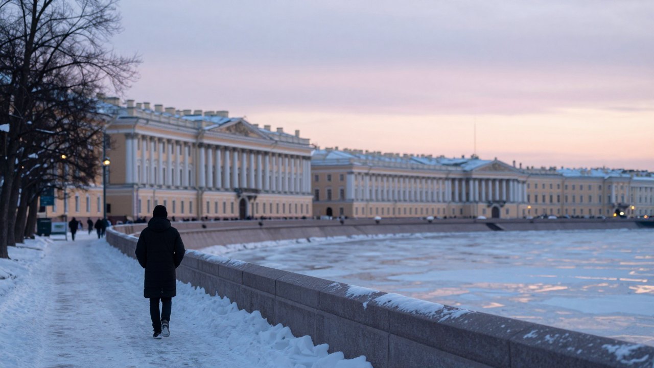 Person seen from behind walking along a snowy riverside beside pale neoclassical buildings at dusk