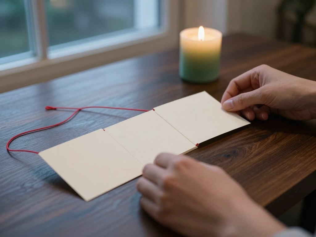 Hands arranging blank cards connected by red thread on a dark wooden table