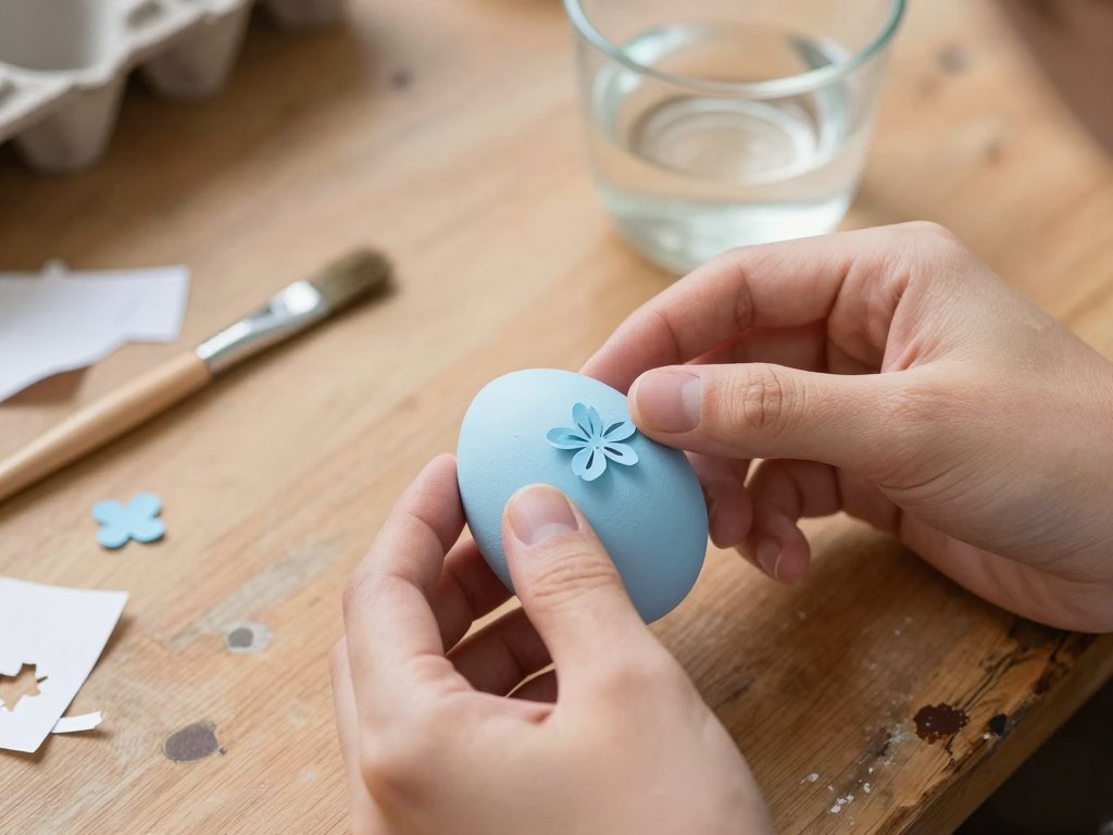 Hands pressing a floral paper cut-out onto a pale blue painted egg