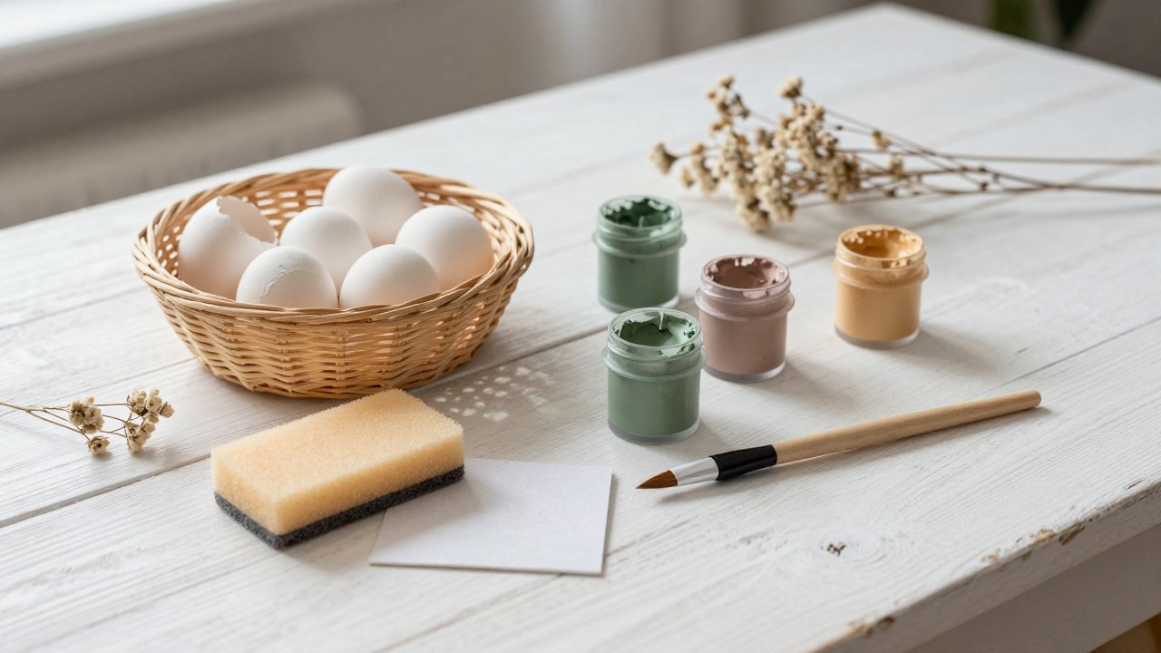 Egg blanks in a basket with paint pots, brushes and sponge on a table