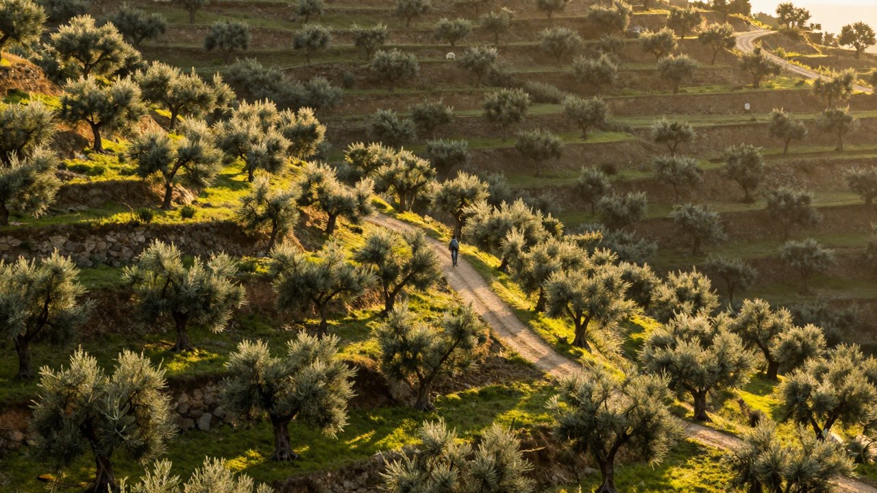 Hiker seen from far behind walking a path through terraced olive groves at sunset