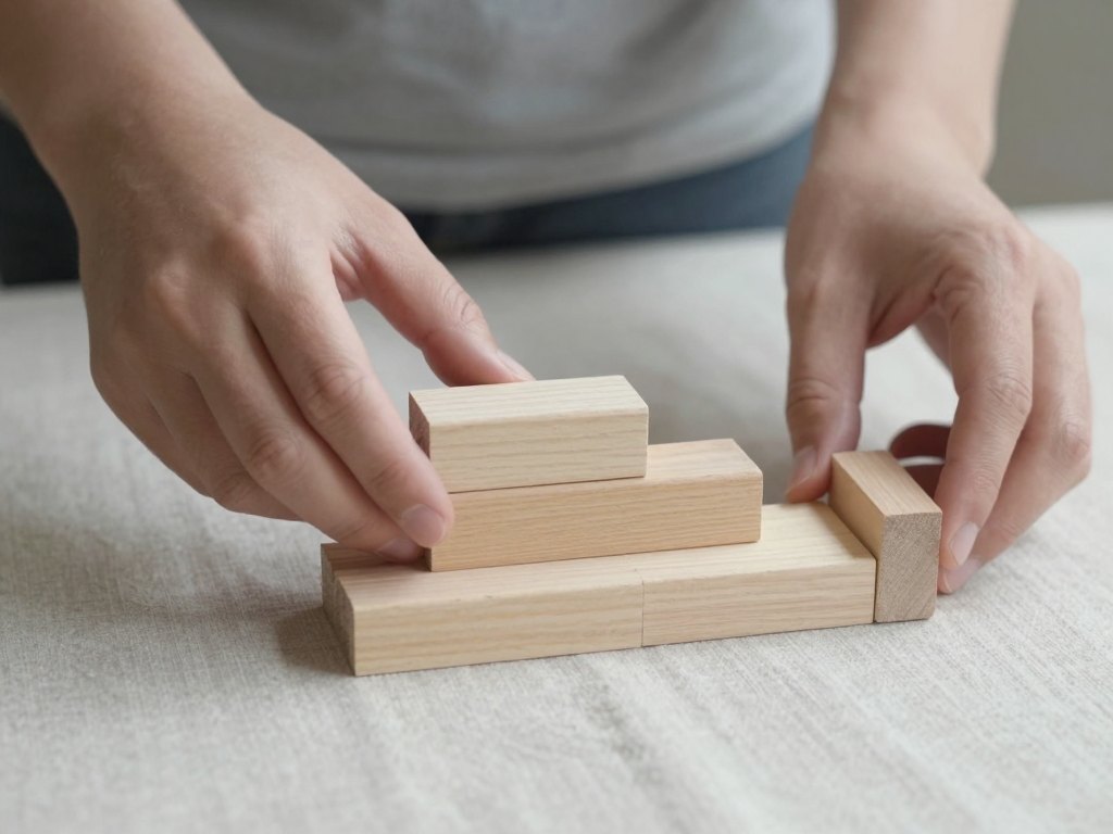 Hands stacking plain wooden blocks into a stable base on linen cloth