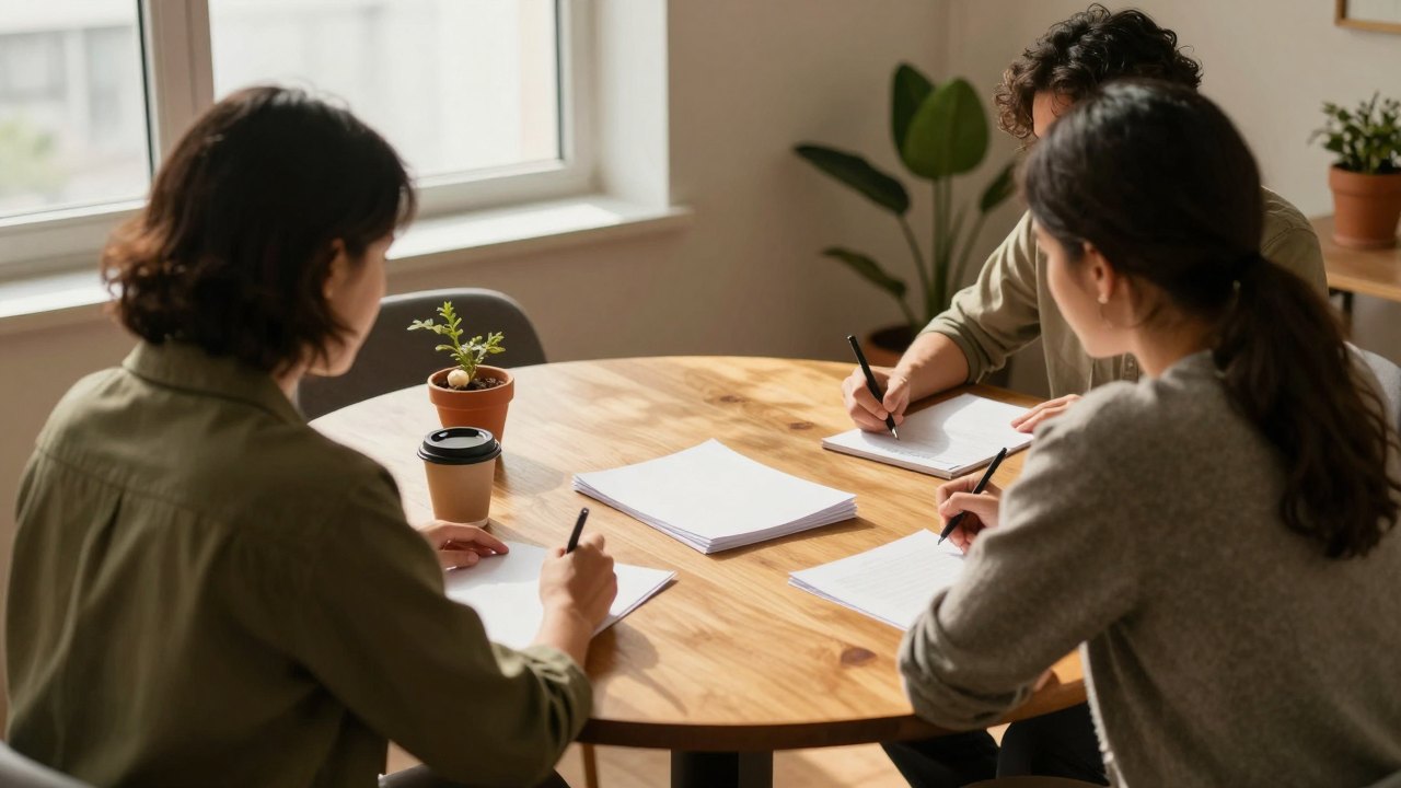 Three colleagues seen from behind sitting around a round wooden table in a sunlit office