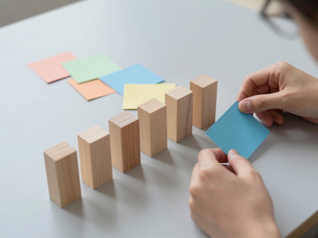 Hands arranging blank wooden blocks and cards in a sequence on a table