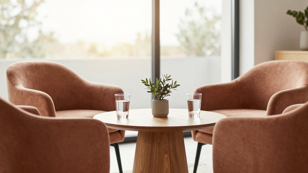 Two armchairs facing each other across a low table in a bright meeting room