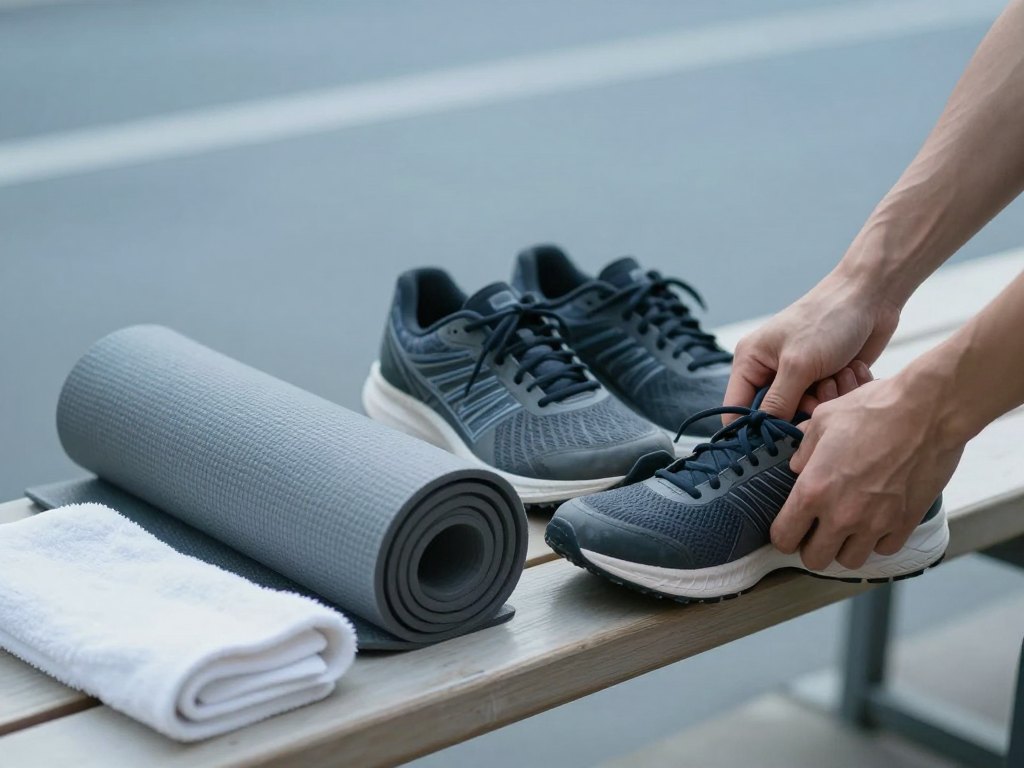 Running shoes, towel and rolled mat on a wooden bench as a training routine metaphor