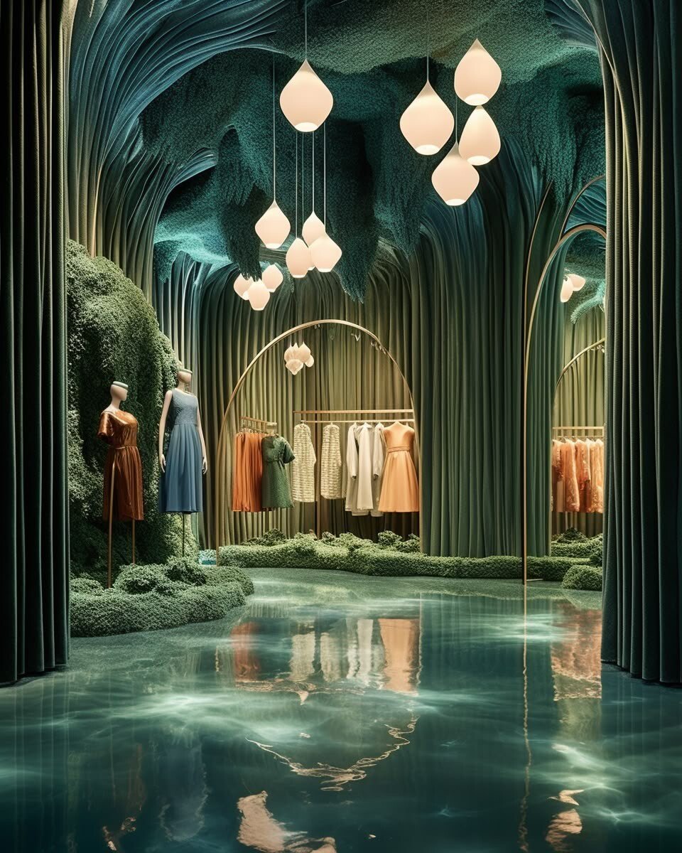 Fashion boutique styled like a mossy forest cave with a reflective floor and hanging lamps