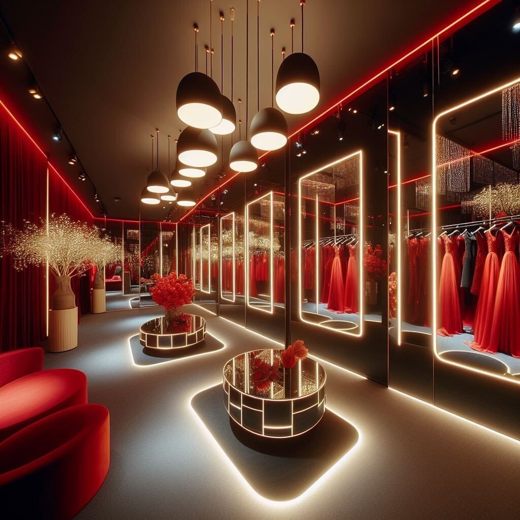 Luxury boutique interior with red lighting, mirrored walls and evening gowns