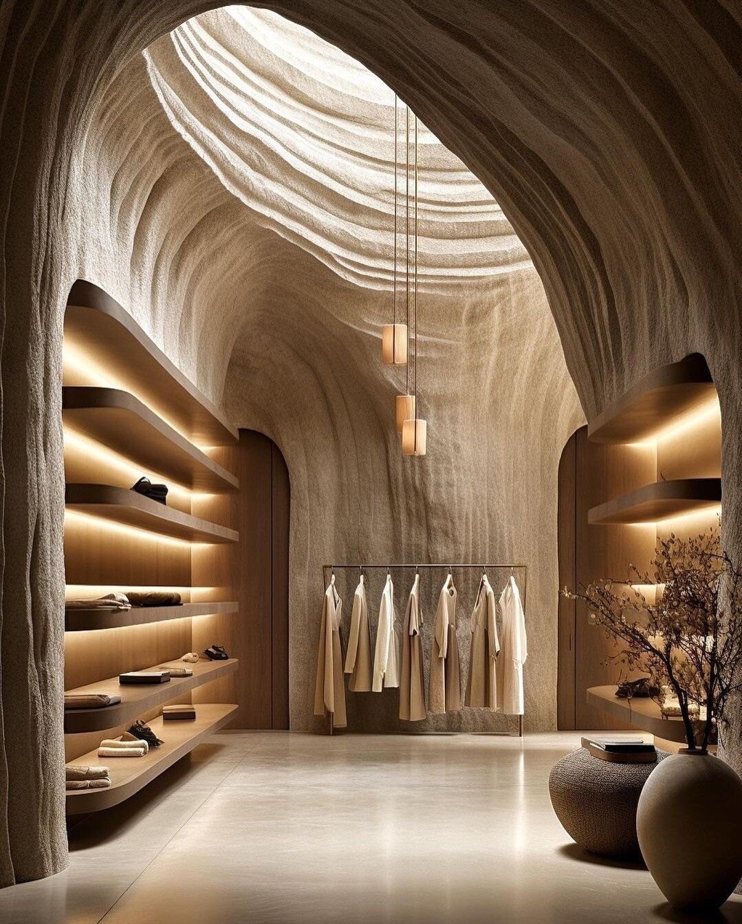 Boutique with curved wooden shelves, hanging coats and ceramic vases