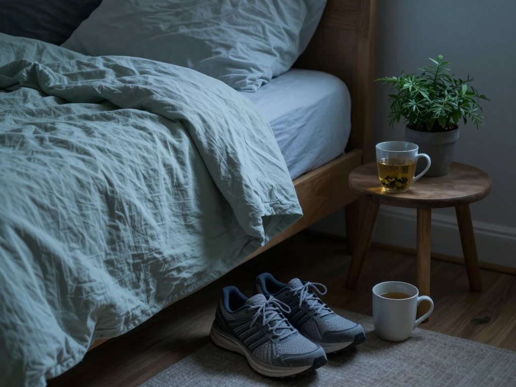 Bedside scene with linen bedding, running shoes, herbal tea and a plant