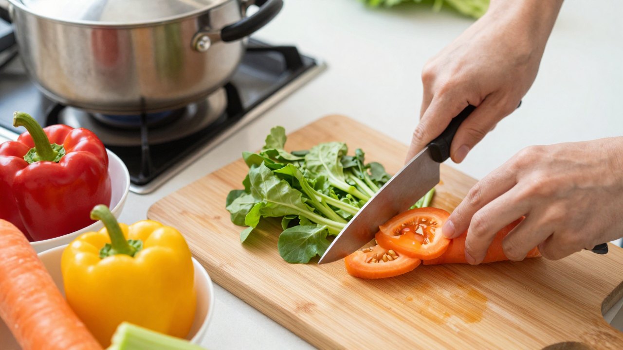 Hands chopping colourful vegetables on a wooden board in a home kitchen